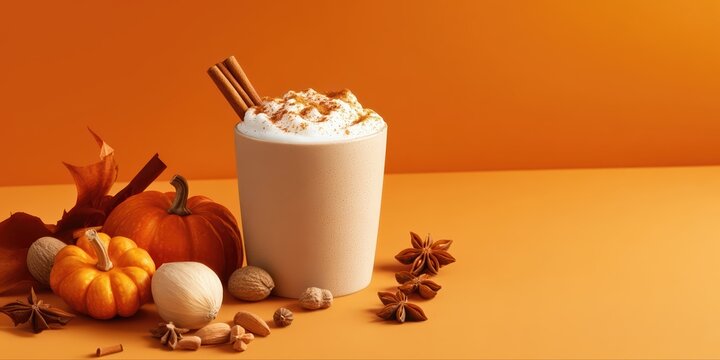 Minimalist pumpkin spice latte in a matte cup with cinnamon foam. Warm sienna and taupe background highlights this cozy autumn beverage and seasonal ingredients.