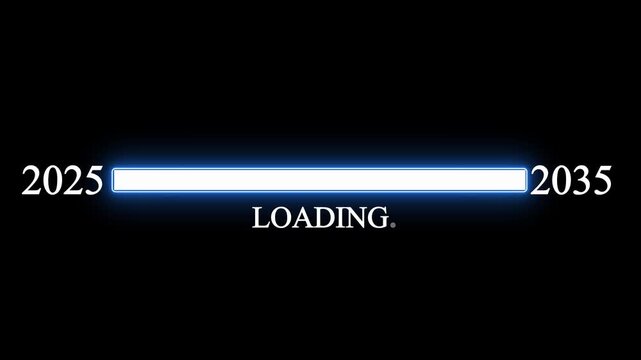 New year 2026 loading bar animation Year changing from 2025 to 2035. Loading bar from 2025 to 2035 new year transfer animation. Almost reaching New Year on black background.