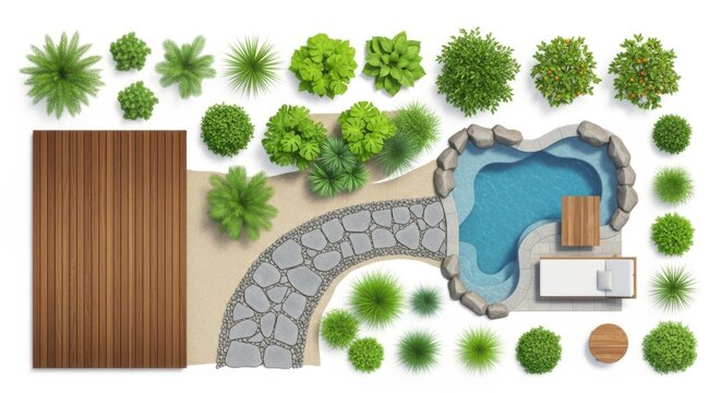 Top view landscape design with pool trees and stone path