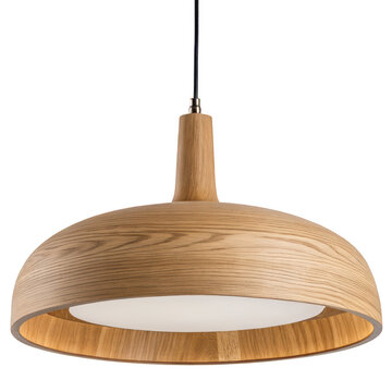 Modern wooden pendant lamp with woven shade hanging on white background isolated pendant light ceiling light
