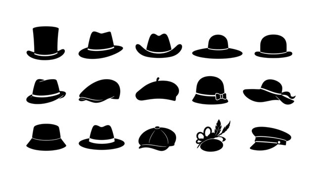 Classic Hat Silhouettes &mdash; Solid glyph icon set with exactly 15 fully filled black hat silhouettes arranged in a 5x3 grid: top hat, fedora, cowboy hat, sun hat, bowler hat, trilby, flat cap, beret,