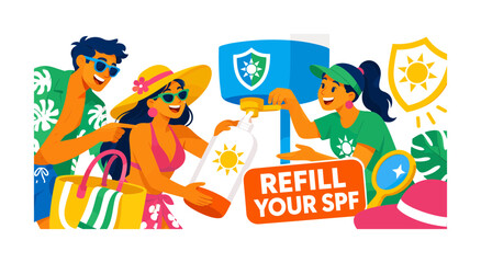 Fototapeta premium Refill Sunscreen Station banner showing two expressive beach visitors refilling sun protection with help from an attendant, with an oversized sunscreen dispenser and oversized refillable bottle, plus