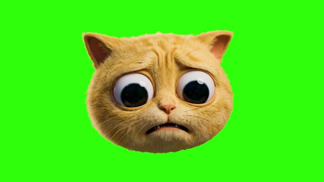 A detailed 3D illustration of a ginger cat head featuring large, wide pleading eyes and a pouty expression, isolated on a green chroma key background. Perfect for video compositing, dramatic or humoro