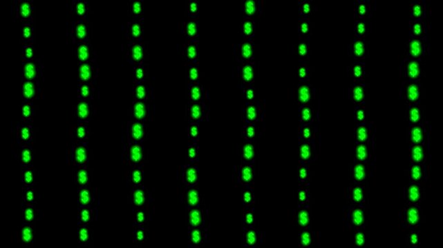 Green dollar signs falling in lines on a black background representing digital money rain and financial data streaming 4K Motion Video