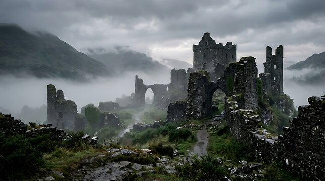 Ancient stone castle ruins in misty forest.