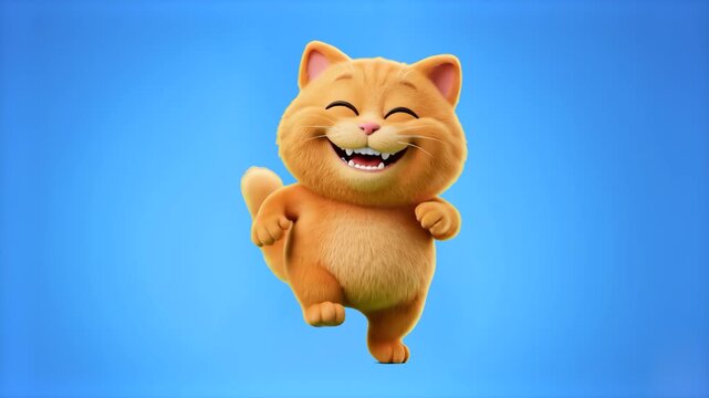 A cheerful 3D cartoon rendering of a fluffy ginger cat character laughing and dancing joyfully on two legs, isolated against a solid blue backdrop. Ideal for pet care promotions, veterinary clinic mar