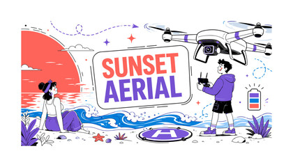 Obraz premium Drone Beach Sunset Shot. Clean editorial banner showing a creator launching a drone while a companion watches a beach sunset, with an oversized drone and large setting sun extending across opposite
