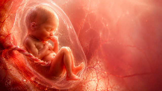 Human fetus in womb with umbilical cord, IVF pregnancy, prenatal development, reproductive medicine and maternal health.