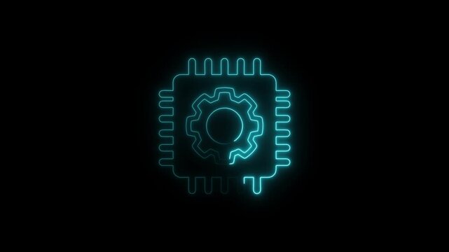Glowing blue computer chip icon with gear symbol