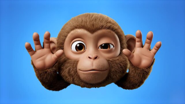 A cute 3D brown monkey character closing its eyes with hands while dancing happily against a bright blue sky background. Ideal for kids' educational media, jungle-themed animation, and funny video ove