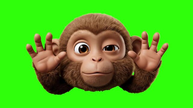 A playful 3D animated monkey closing its eyes with its hands, dancing and making a see-no-evil pose on a chroma key green background. Excellent for comedy videos, social media reactions, and children'