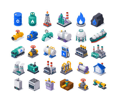 Natural Gas Industry, isometric flat icon set of 30 object icons featuring gas barrel, cylinder, extraction tower, factory, flame, fossil fuel, pipeline, pump, storage tank, tanker ship, transport