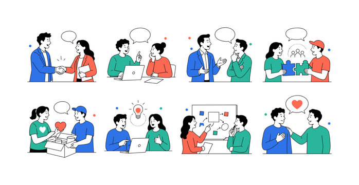 Partnership Collaboration Network, clean editorial illustration set of 8 separate mini scenes in a 4x2 layout showing handshake agreement, team meeting, leadership discussion, community partnership,