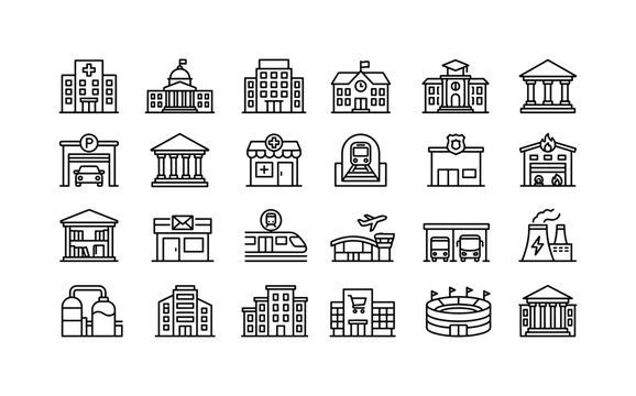 City Service Buildings, line icon set featuring hospital, government building, hotel, school, university, bank, parking garage, museum, pharmacy, subway, covering city services, urban infrastructure,