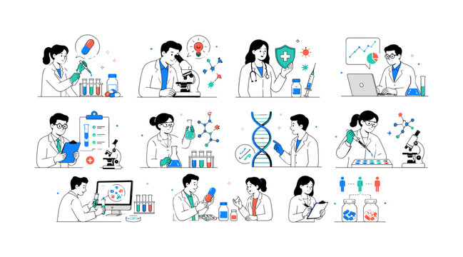 Medical Research Testing, clean editorial illustration set, create 8 separate small editorial illustrations about drug testing, scientific discovery, disease prevention, healthcare research, doctor