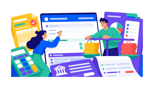 Online Tax Declaration, bright colorful flat vector banner with 2 expressive users filling an oversized digital tax form and balancing income against payments, supporting invoice, calculator and bank