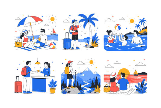 Sunny Summer Escape, clean editorial illustration set of exactly 6 separate small editorial scenes arranged in a 3x2 layout: friends relaxing under a beach umbrella, traveler near a palm tree, family