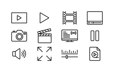 Obraz premium Video Media Controls, line icon set featuring video frame, play button, film strip, media player, camera, clapperboard, streaming screen, pause control, volume speaker, fullscreen button, timeline and