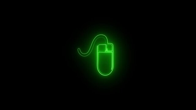 A vibrant glowing green color neon light effect shaped like a computer mouse icon, set against a dark black background.4k