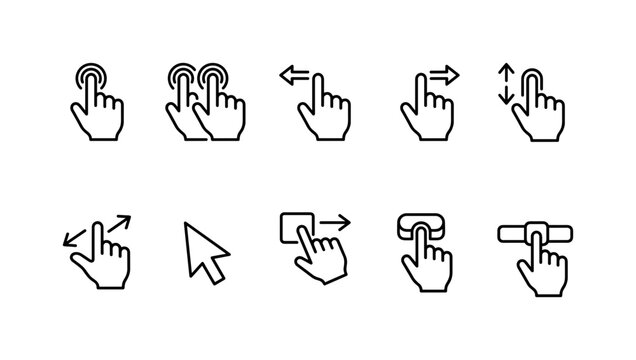 Touchscreen Gesture Controls, line icon set featuring tap gesture, double tap, swipe left, swipe right, scroll, pinch zoom, click cursor, drag pointer, press button, slide control, covering mobile app