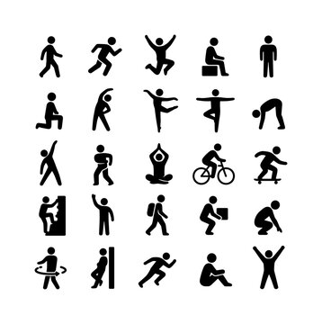 Dynamic People Poses solid glyph icon set, 25 fully filled black silhouette icons featuring walking, running, jumping, sitting, standing, kneeling, stretching, dancing, balancing, bending, reaching,