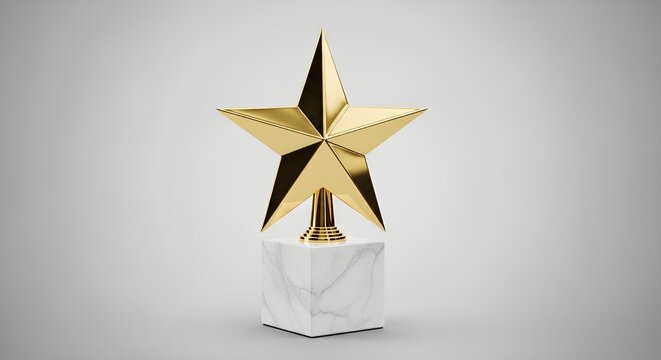 Golden star trophy award standing on a white marble base against a soft grey background