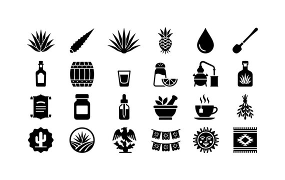 Blue Agave Botanicals, solid glyph icon set featuring agave bush, spiky leaf, tequila bottle, cactus badge, botanical label, medicine jar, farm emblem and Mexican symbol, covering agave, tequila,