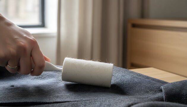 Close-up view of a person using lint roller to remove pet hair from dark wool jacket at home for clothes cleaning routine and garment care concept