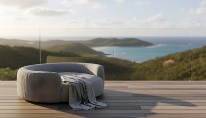 Fototapeta premium Comfortable modern designer pet bed on balcony wooden deck with blanket overlooking scenic coastal hills and ocean for luxury animal relaxation lifestyle concept