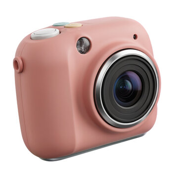 Modern pink compact digital camera for instant photography isolated on transparent background