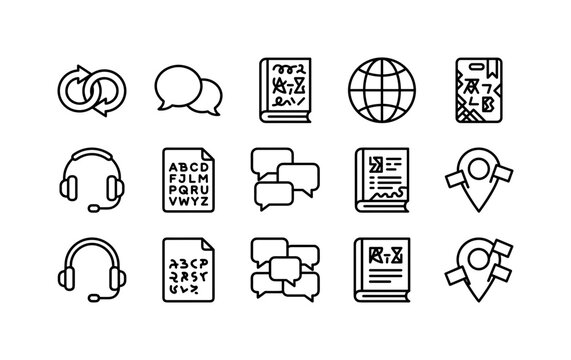 Language Translation Tools, line icon set featuring translation arrows, speech bubbles, dictionary, globe, language card, interpreter headset, alphabet page, multilingual chat, vocabulary book,