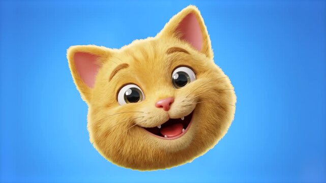 Cheerful 3D cartoon ginger cat head with open mouth and joyful expression isolated on a bright blue background. Great for pet food commercials, children entertainment, veterinary promos, funny cat cli