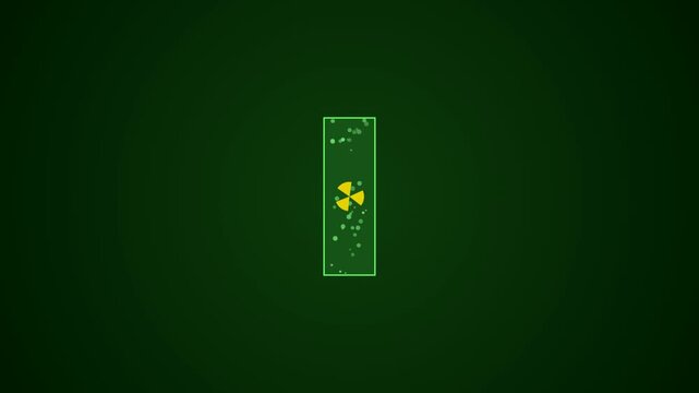Yellow radiation symbol inside a green rectangular container on a dark green background representing toxic waste and nuclear energy hazard warning sign 4K Motion Video