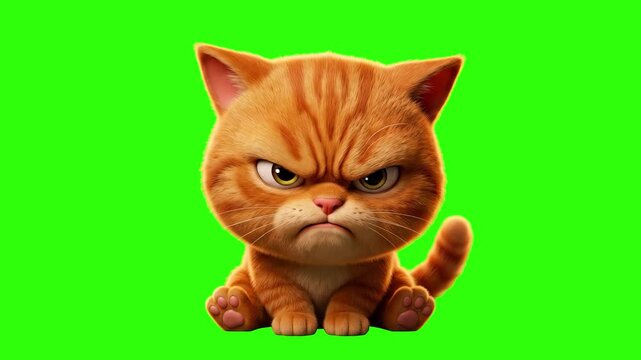 Cute 3D cartoon angry ginger kitten sitting with a grumpy expression isolated on a chroma key green screen background. Perfect for video editing, comedic compositing, pet advertising, funny reaction c