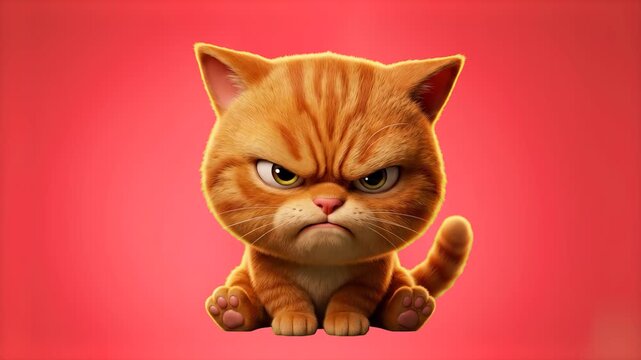 Cute 3D cartoon angry ginger kitten sitting with a grumpy expression isolated on a vibrant red background. Ideal for funny reaction clips, pet emotion videos, mood posts, kids animations, and motion g