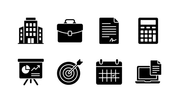 Corporate Services Pack, solid glyph icon set featuring office building, briefcase, contract, calculator, presentation board, target, calendar, laptop and document, covering business services,