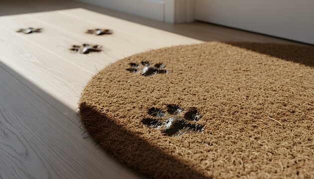 Close-up of dirty wet muddy paw prints on doormat leading onto a wooden floor in a sunny entrance for pet ownership chores, home cleaning, and hygiene concept