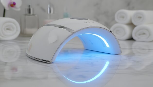 Modern UV LED nail lamp glowing blue light on marble table with towels for professional gel manicure treatment and wellness beauty salon equipment concept