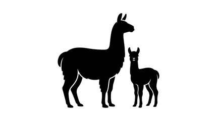 Naklejka premium Llama and calf stand together a black silhouette against a white background
