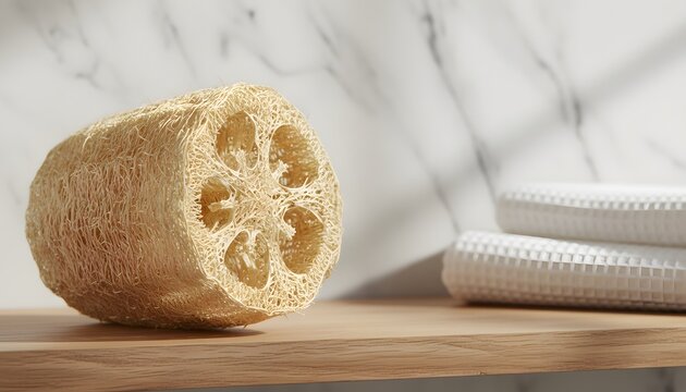 Eco friendly natural loofah on bathroom shelf with rolled waffle towels and marble wall for organic body care, zero waste hygiene and wellness concept