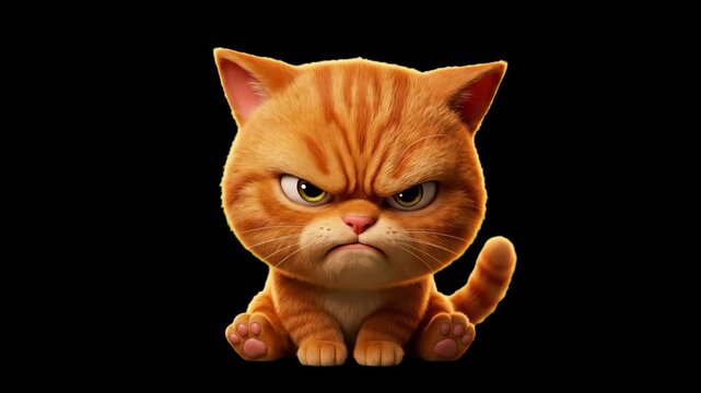 A vivid 3D illustration of a grumpy red cat character displaying a furious frown and intense glare, isolated against a solid dark black backdrop. Excellent for high-contrast reaction posts, moody soci
