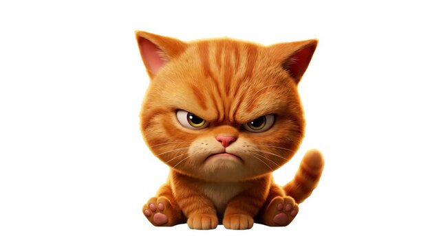 A detailed 3D rendering of a furry ginger cat character with a mad, frowning facial expression and furrowed brows, sitting and glaring forward, isolated on a clean white background with a subtle drop 
