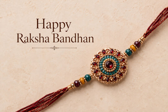 Elegant rakhi with colorful beads placed on textured background alongside text wishing happy raksha bandhan celebrating the beautiful traditional bond of protection