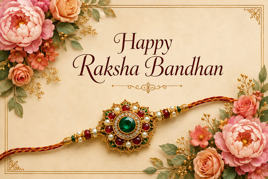 Stunning green stone rakhi placed beautifully among fresh pink roses on a classic cream background with golden borders celebrating happy raksha bandhan