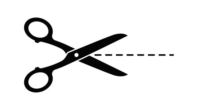 Open scissors with dashed cut line form a black silhouette