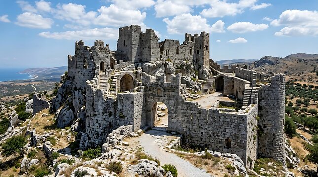 Ancient stone castle ruins on rocky hilltop.