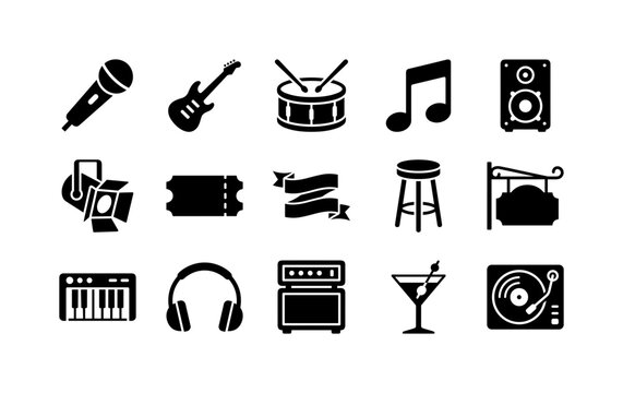 Live Music Venue, solid glyph icon set featuring microphone, guitar, drum, music note, speaker, stage light, ticket, ribbon banner, bar stool, venue sign, covering live music, cafes, bars,