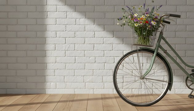 Vintage old bicycle with wire basket filled with fresh colorful wildflowers parked indoors against white brick wall and wooden floor for spring lifestyle concept