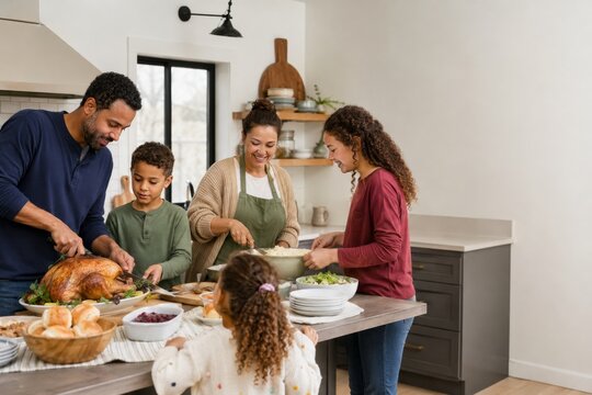 Blended Family Cooperating on Thanksgiving Meal Preparation