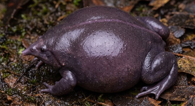 Lateral profile of a bloated indian purple frog resting on leaf litter